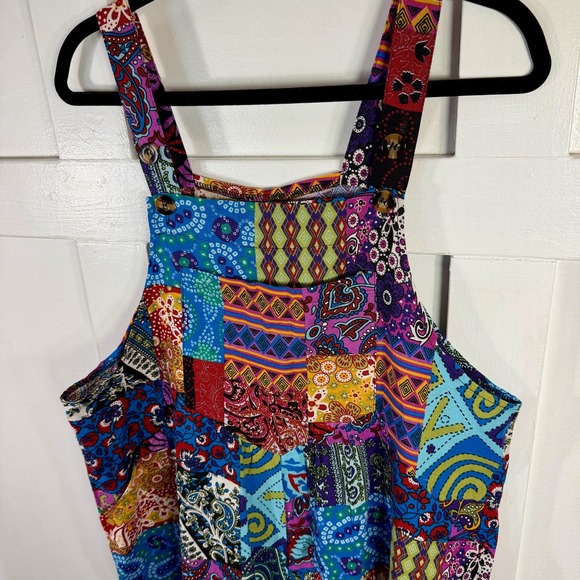 Womens Patchwork Jumpsuit Overalls Boho Festival Multicolored Cotton Blend XXL - Picture 2 of 14